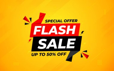 İnternet ya da sosyal medya için flaş indirimli afiş. İndirim etiketli satış afişi promosyon şablonu. Kısıtlı zaman teklifi, ekstra indirim. Ticari poster, satış arkaplan vektörü illüstrasyonu