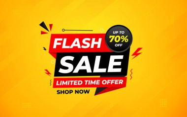 İnternet ya da sosyal medya için flaş indirimli afiş. İndirim etiketli satış afişi promosyon şablonu. Kısıtlı zaman teklifi, ekstra indirim. Ticari poster, satış arkaplan vektörü illüstrasyonu