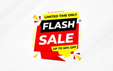 İnternet ya da sosyal medya için flaş indirimli afiş. İndirim etiketli satış afişi promosyon şablonu. Kısıtlı zaman teklifi, ekstra indirim. Ticari poster, satış arkaplan vektörü illüstrasyonu
