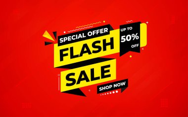 İnternet ya da sosyal medya için flaş indirimli afiş. İndirim etiketli satış afişi promosyon şablonu. Kısıtlı zaman teklifi, ekstra indirim. Ticari poster, satış arkaplan vektörü illüstrasyonu