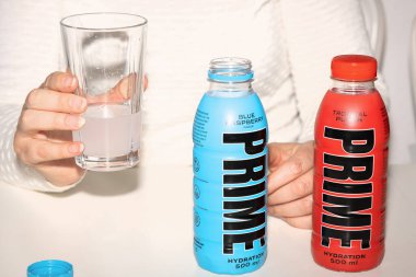Two bottles of the popular drink prime. Denmerk - January 30, 2024