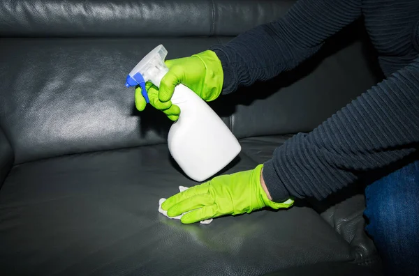 A person in rubber gloves cleaning the leather sofa and using cloth and disinfectant spray, detergent. House cleaning and hygiene concept.