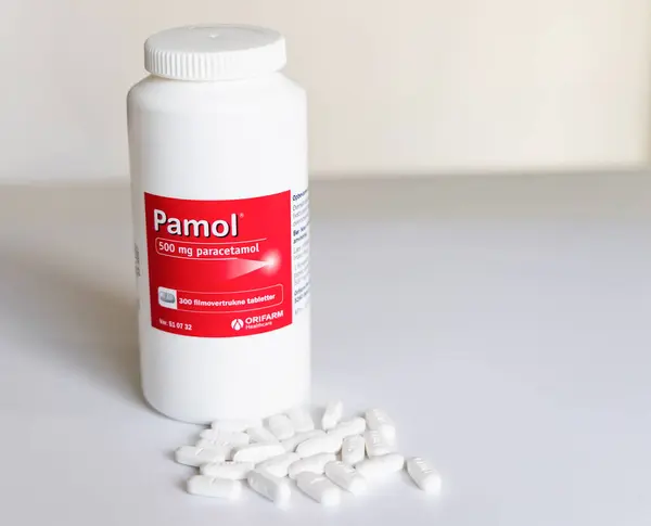 Envase Grande Tabletas Paracetamol Pastillas Para Dolor Reducción Fiebre Dinamarca — Foto de Stock