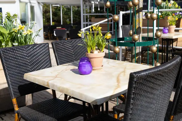 Table in a outdoor restaurant with daffodil flowers and a purple candle. Street restaurant on a sunny spring day.