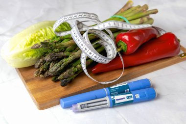  Ozempic Insulin injection pen for diabetics and weight loss. Denmark - April 15, 2024 clipart