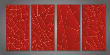 Altın çizgiler ve kırmızı geometrik şekillerle soyut arkaplanların vektör çizimi