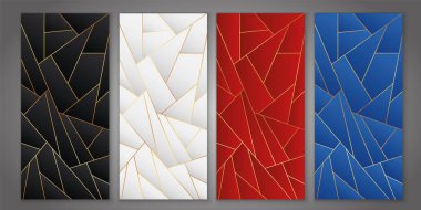 Altın çizgiler, siyah, beyaz, kırmızı ve mavi renkli geometrik şekillerin soyut arkaplan çizimleri.
