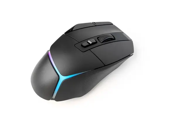 stock image Black gaming computer mouse, illuminated in blue, isolated on a white background