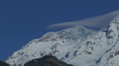 Panoramik video görüntüleri. Rainier Ulusal Parkı, kar ve buzla kaplı, güneşli bir kış sabahı merceksi bir bulut formasyonu altında açık mavi gökyüzü Washington 'daki Gifford Pinchot Ulusal Ormanı' ndan görüldü..