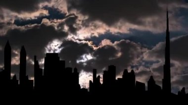 Dubai Cityscape Skyline Mimari Binaları, Parlak bir gün batımının ışığında yıkandı