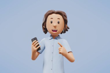 Akıllı telefon ticareti yapan ya da kamerayı işaret eden üç boyutlu bir adam.