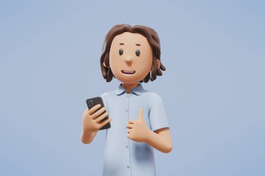 3D adam telefonu tutuyor ve başparmağını kameraya çeviriyor.