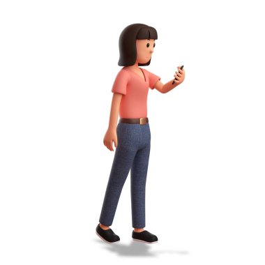 3D resimli kadın beyaz arka planda telefonu tutuyor.