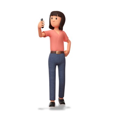 3D resimli kadın beyaz arka planda telefonu tutuyor.