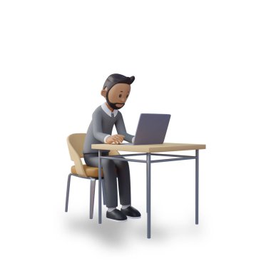 3D karakter çizimi iş adamının dizüstü bilgisayarında oturup bir şeyler üzerinde çalışmasını gösteriyor.