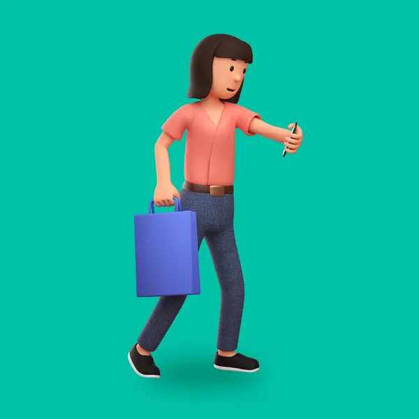 Cartoon Illustration Woman Carrying Shopping Bags Holding Phone Happy Expression — Stock Photo, Image