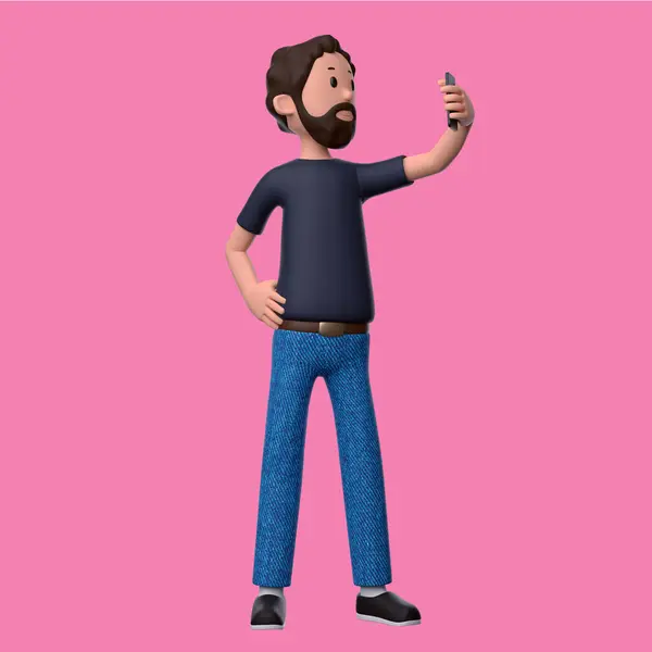 Character Illustration Man Holding Phone Smiling Phone Pink Background — Stock Photo, Image