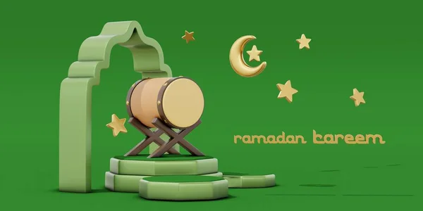 Ilustrace Oslav Ramadánu Kareem Lucernou Měsícem Hvězdami Mešitními Ornamenty Zeleným — Stock fotografie