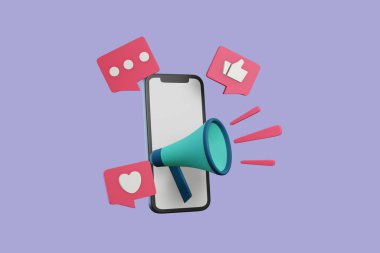 3d megafon hoparlörü ya da anons için hoparlör, hoparlör uyarısı 3d ikon vektör çizimi mor arkaplan