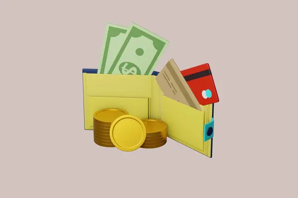 3d illustration of wallet, green money, coin, and credit card, 3D Money Saving icon concept