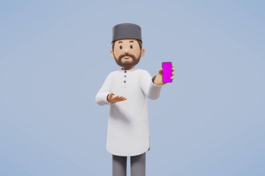 3D Man Muslim selamlama, selamlama, işaret ve telefon tutarak mavi arka planda gülümseme