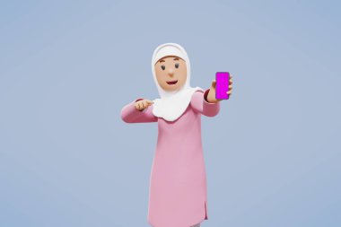 3D Müslüman kadın selamlıyor, işaret ediyor, telefonu tutuyor ve mavi arka planda gülümsüyor