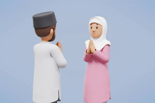 3d muslim man and woman greet each other with blue background