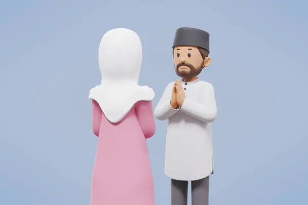 3d muslim man and woman greet each other with blue background
