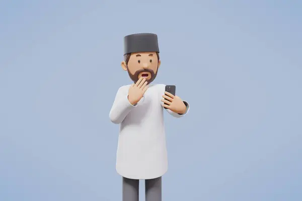 3d man muslim greeting, greeting, pointing and holding phone while smiling with blue background