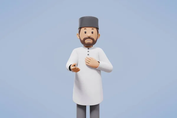 3D男人穆斯林式的问候 指指点点和手持电话 同时带着蓝色背景的微笑 — 图库照片