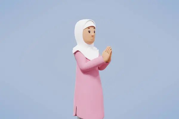 Мусульманская Женщина Приветствие Указывая Держа Телефон Улыбаясь Синем Фоне — стоковое фото