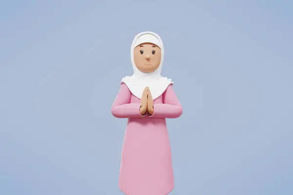 3d muslim woman greeting, pointing,holding phone while smiling with blue background