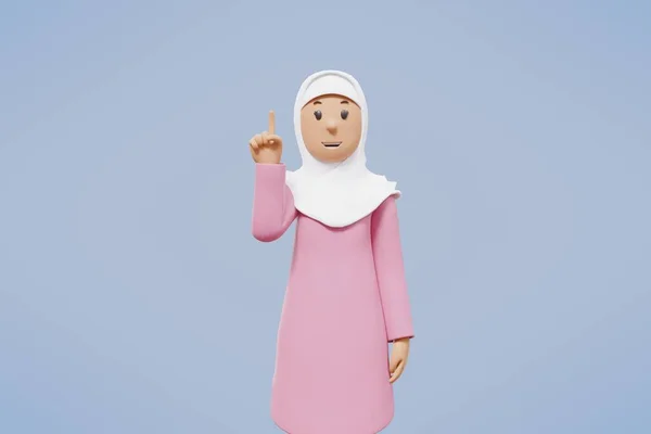 Muzułmanka Pozdrowienia Wskazując Trzymając Telefon Podczas Uśmiechania Się Niebieskim Tle — Zdjęcie stockowe