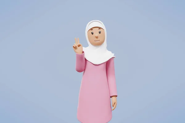 Muslimsk Kvinna Hälsning Pekar Håller Telefonen Samtidigt Ler Med Blå — Stockfoto