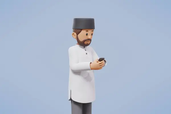 3d man muslim greeting, greeting, pointing and holding phone while smiling with blue background
