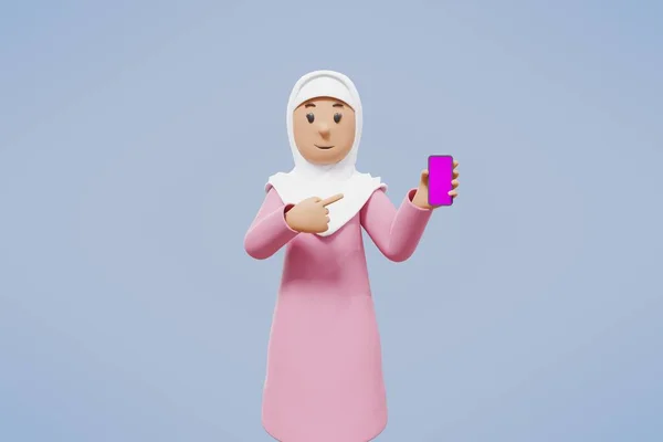 Müslüman Kadın Selamlıyor Işaret Ediyor Telefonu Tutuyor Mavi Arka Planda — Stok fotoğraf