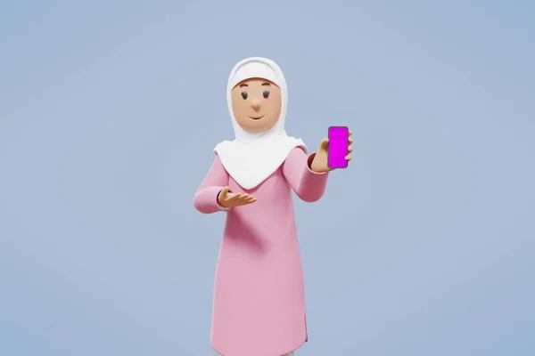 Muzułmanka Pozdrowienia Wskazując Trzymając Telefon Podczas Uśmiechania Się Niebieskim Tle — Zdjęcie stockowe