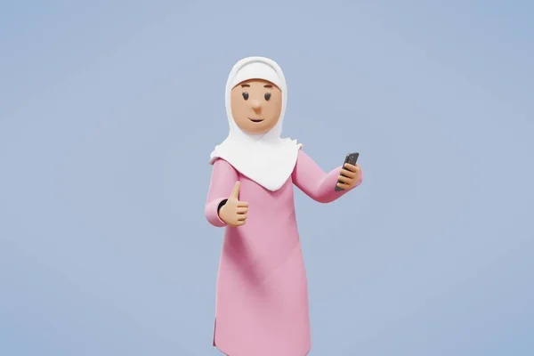 Müslüman Kadın Selamlıyor Işaret Ediyor Telefonu Tutuyor Mavi Arka Planda — Stok fotoğraf
