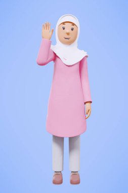 3D Müslüman kadın selamlıyor, işaret ediyor, telefonu tutuyor pembe gömlekle gülümsüyor.