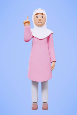 3D Müslüman kadın selamlıyor, işaret ediyor, telefonu tutuyor pembe gömlekle gülümsüyor.