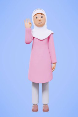 3D Müslüman kadın selamlıyor, işaret ediyor, telefonu tutuyor pembe gömlekle gülümsüyor.