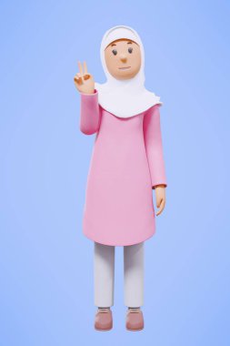 3D Müslüman kadın selamlıyor, işaret ediyor, telefonu tutuyor pembe gömlekle gülümsüyor.