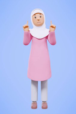 3D Müslüman kadın selamlıyor, işaret ediyor, telefonu tutuyor pembe gömlekle gülümsüyor.