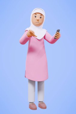 3D Müslüman kadın selamlıyor, işaret ediyor, telefonu tutuyor pembe gömlekle gülümsüyor.
