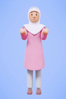 3D Müslüman kadın selamlıyor, işaret ediyor, telefonu tutuyor pembe gömlekle gülümsüyor.