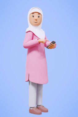 3D Müslüman kadın selamlıyor, işaret ediyor, telefonu tutuyor pembe gömlekle gülümsüyor.