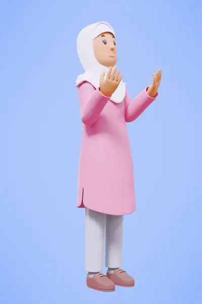 Müslüman Kadın Selamlıyor Işaret Ediyor Telefonu Tutuyor Pembe Gömlekle Gülümsüyor — Stok fotoğraf
