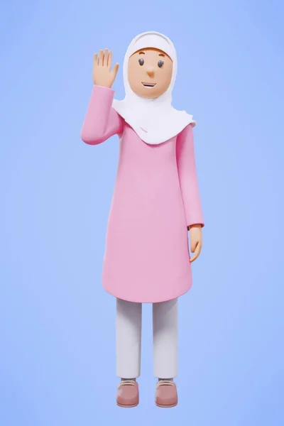 Muslimsk Kvinna Hälsning Peka Hålla Telefonen Medan Leende Med Rosa — Stockfoto