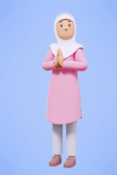 3D穆斯林妇女问候语 指指点点 拿着电话 同时带着粉红衬衫微笑 — 图库照片