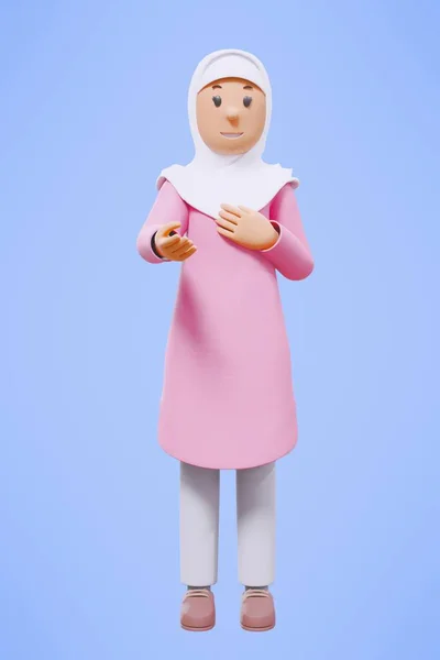 Muslim Woman Greeting Pointing Holding Phone While Smiling Pink Shirt — Stock Photo, Image